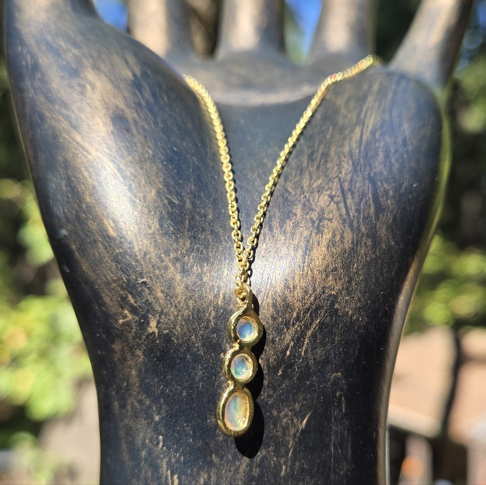 Opal Natural Gemstone Trio Sterling & Gold Necklace Sz24" 5k - Picture 7 of 9